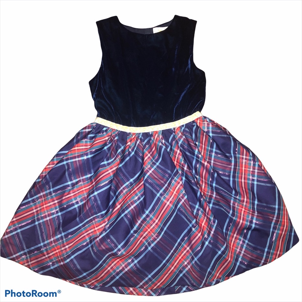 Girls Mini Boden CHRISTMAS THEME Dress. Navy Blue Velvet w/ Tartan Plaid